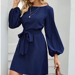 lantern long sleeve belted mini dress